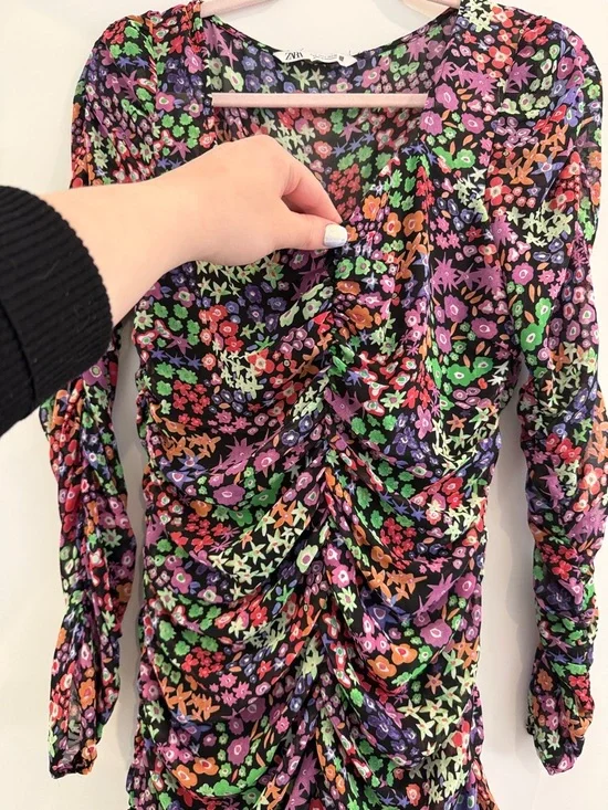 Zara Multicolor Floral Long Sleeve Ruched Dress - Picture 7 of 7